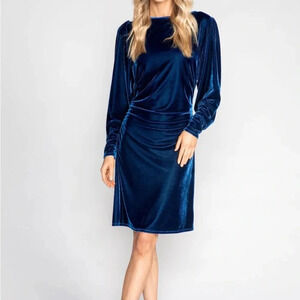 Sedge Apparel Blue Velvet‎ Dress with Ruching and Long Sleeves Size Medium